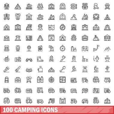 100 kamp ikonu hazır. Beyaz arkaplanda izole edilmiş 100 kamp ikonu vektörünün taslağı