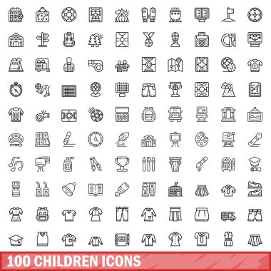 100 çocuk simgesi seti. Beyaz arkaplanda izole edilmiş 100 çocuk simgesi vektörünün taslağı