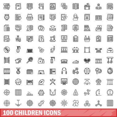 100 çocuk simgesi seti. Beyaz arkaplanda izole edilmiş 100 çocuk simgesi vektörünün taslağı