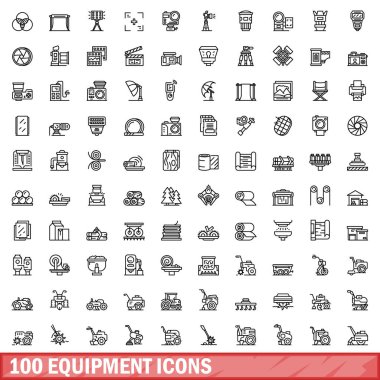 100 ekipman simgesi ayarlandı. Beyaz arkaplanda izole edilmiş 100 ekipman simgesi vektörünün taslağı