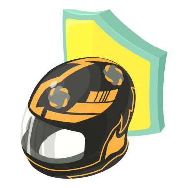 Kask ikonu izometrik vektörü. Kalkan simgesinin arka planında yarış miğferi. Spor malzemeleri, yarış konsepti