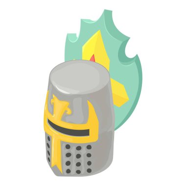 Ortaçağ miğfer ikonu izometrik vektörü. Kalkanın arka planında demir miğfer var. Tarih, şövalyelik