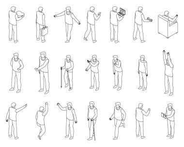 Büyükbaba simgeleri hazır. Beyaz ince çizgi koleksiyonu üzerinde büyükbaba vektör simgelerinden oluşan Isome kümesi