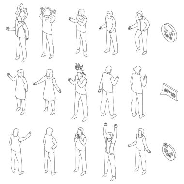 Öfke simgeleri ayarlandı. Beyaz ince çizgi koleksiyonunda iztrik öfke vektör simgeleri dizisi