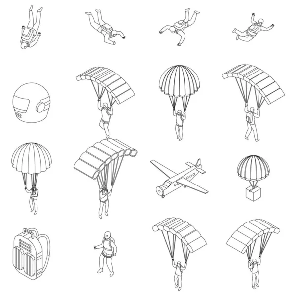 Conjunto Iconos Paracaidismo Conjunto Isométrico Iconos Vectoriales Paracaidismo Colección Líneas — Archivo Imágenes Vectoriales