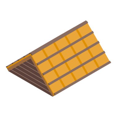 Ahşap çatı evi ikonu izometrik vektörü. İnşaat onarımı. Boşaltma metali