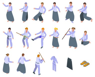 Aikido simgeleri izometrik vektör ayarladı. İnsanlarla dövüş. Spor.