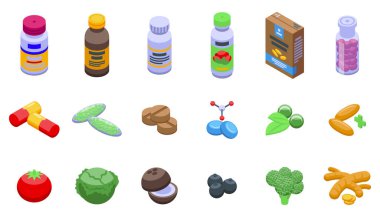 Beslenme takviyesi ikonları izometrik vektör ayarladı. Vitamin şişesi. Etiket kapsülü