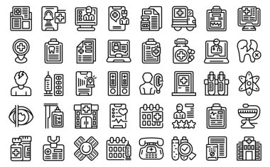 Doktor ziyaret simgeleri ana hat vektörünü ayarlar. Tıbbi bir hasta. Sağlık hemşiresi