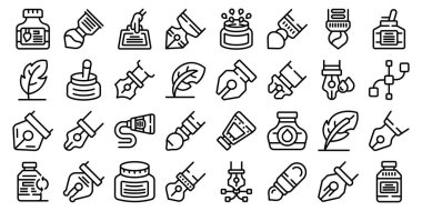 Kalem araçları simgeleri ana hat vektörünü ayarlayın. Fırça çizimleri. Mürekkep malzemeleri