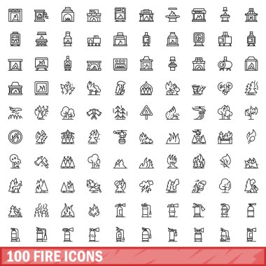 100 ateş ikonu ayarlandı. Beyaz arkaplanda izole edilmiş 100 ateş simgesi vektörünün taslağı