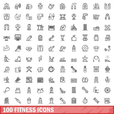 100 fitness ikonu ayarlandı. Beyaz arkaplanda izole edilmiş 100 fitness simgesi vektörünün taslağı