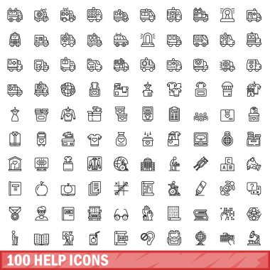 100 yardım simgesi ayarlandı. Beyaz arkaplanda izole edilmiş 100 yardım simgesi çizimi