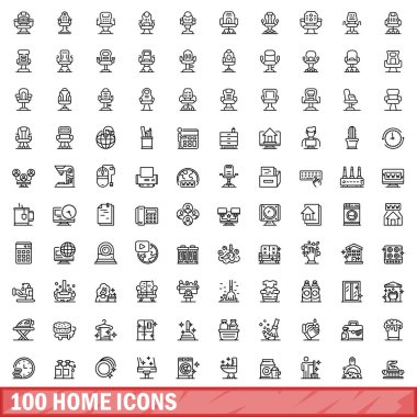 100 ev simgesi ayarlandı. Beyaz arkaplanda izole edilmiş 100 ev simgesi vektörünün taslağı