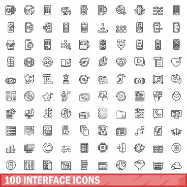 100 arayüz simgesi ayarlandı. Beyaz arkaplanda izole edilmiş 100 arayüz ikonu vektörünün taslak çizimi