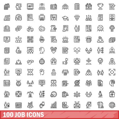 100 iş simgesi ayarlandı. Beyaz arkaplanda izole edilmiş 100 iş simgesi vektörünün taslağı