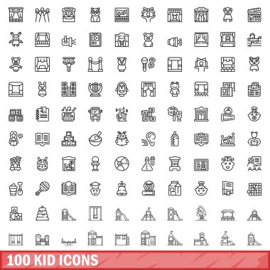 100 çocuk ikonu hazır. Beyaz arkaplanda izole edilmiş 100 çocuk simgesi vektörünün taslağı