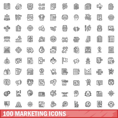 100 pazarlama ikonu. Beyaz arkaplanda izole edilmiş 100 pazarlama simgesi vektörünün ana hatları