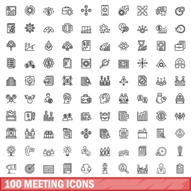 100 buluşma ikonu ayarlandı. Beyaz arkaplanda izole edilmiş 100 toplantı simgesi vektörünün ana hatları