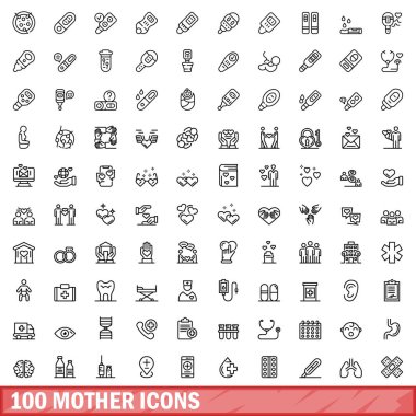 100 ana simge ayarlandı. Beyaz arkaplanda izole edilmiş 100 ana simge vektörünün tasviri