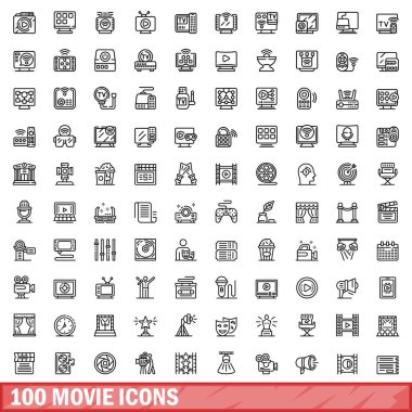 100 film ikonu hazır. Beyaz arkaplanda izole edilmiş 100 film simgesi vektörünün taslağı