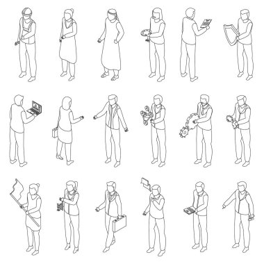 İş ortaklığı simgeleri ayarlandı. Beyaz arkaplan çizgisi üzerinde izole edilmiş web tasarımı için Isometric iş birliği vektör simgeleri kümesi