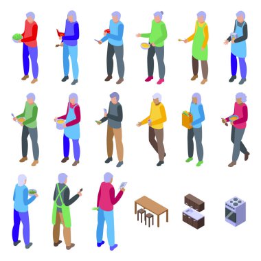 Yaşlılar ikonları pişirirken izometrik vektör oluşturur. Kadın aşçı. Büyükanne büyük.