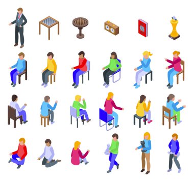 Satranç ikonları oynayan çocuklar izometrik vektör belirledi. Oyun tahtası. Boş zaman çocuğu.