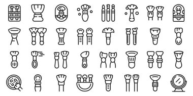 Makyaj fırçası simgeleri ana hat vektörünü ayarlar. Kozmetik güzellik. Dikkat et.