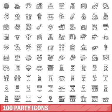 100 parti ikonu hazır. Beyaz arkaplanda izole edilmiş 100 parti simgesi vektörünün taslağı