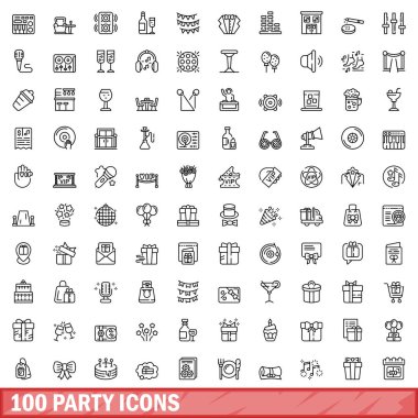 100 parti ikonu hazır. Beyaz arkaplanda izole edilmiş 100 parti simgesi vektörünün taslağı