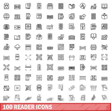 100 okuyucu simgesi ayarlandı. Beyaz arkaplanda izole edilmiş 100 okuyucu simgesi vektörünün taslağı