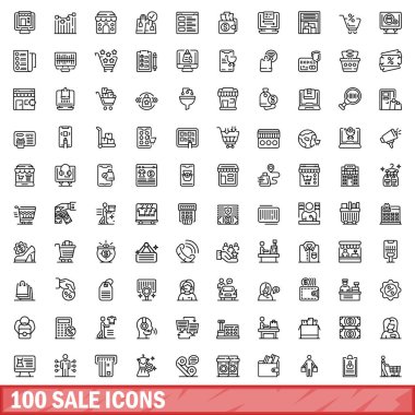 100 satış simgesi ayarlandı. Beyaz arkaplanda izole edilmiş 100 satış simgesi vektörünün taslağı