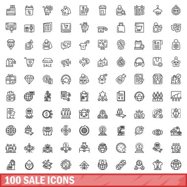 100 satış simgesi ayarlandı. Beyaz arkaplanda izole edilmiş 100 satış simgesi vektörünün taslağı