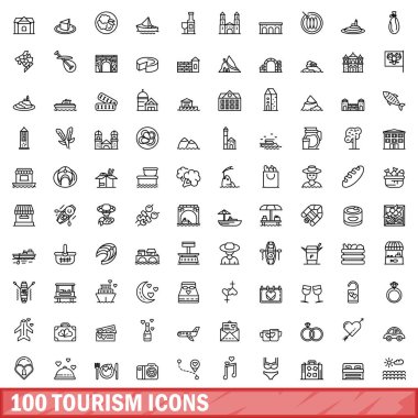 100 turizm ikonu ayarlandı. Beyaz arkaplanda izole edilmiş 100 turizm ikonu vektörünün ana hatları
