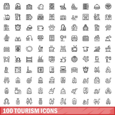 100 turizm ikonu ayarlandı. Beyaz arkaplanda izole edilmiş 100 turizm ikonu vektörünün ana hatları