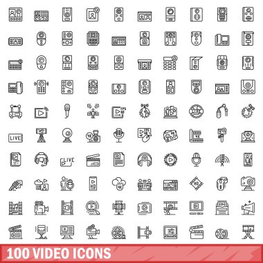 100 video simgesi ayarlandı. Beyaz arkaplanda izole edilmiş 100 video simgesi vektörünün taslağı