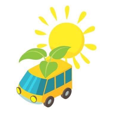 Eco transport icon isometric vector. Yellow car with green branch under sun icon. Alternative fuel, environmental protection clipart