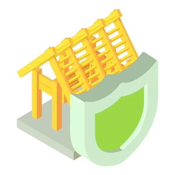 Εικονίδιο Οικοδομής Ισομετρικό Διάνυσμα Ασπίδα Ξύλινο Πλαίσιο Κτιρίου Φόντο Οικολογική — Διανυσματικό Αρχείο