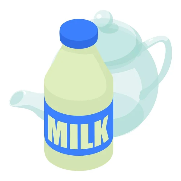 牛奶饮料图标等量向量 透明的玻璃杯茶壶和奶瓶 — 图库矢量图片