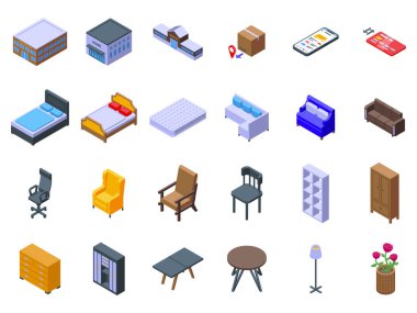 Mobilya mağazası simgeleri izometrik vektör ayarlandı. Ev. Ahşap masa
