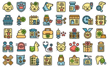 Evcil hayvan aşılama simgeleri ana hatları belirler. Köpek evcil. Hayvan kedi rengi düz