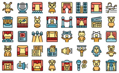 Kukla tiyatrosu simgeleri ana hatlarını belirler. Bebek kuklası. Çocuk tiyatrosu rengi düz