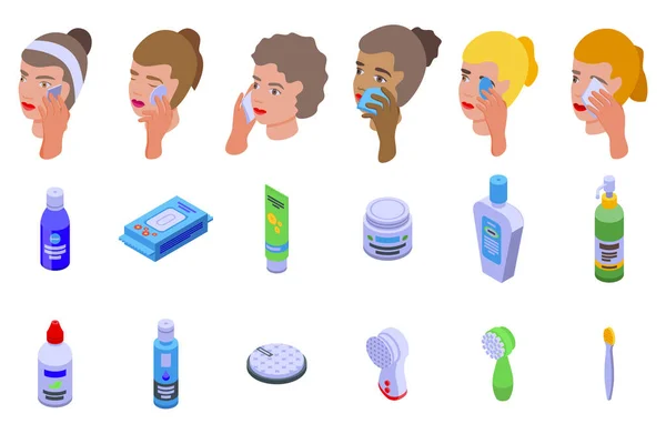 Make Removal Icons Set Isometric Vector Face Beauty Remove Sponge — 스톡 벡터