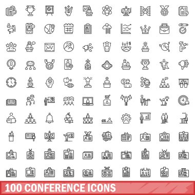100 conference icons set. Outline illustration of 100 conference icons vector set isolated on white background