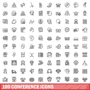 100 conference icons set. Outline illustration of 100 conference icons vector set isolated on white background