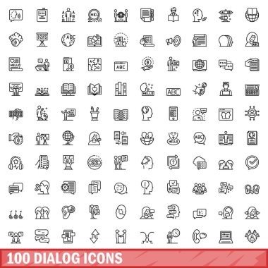 100 diyalog simgesi ayarlandı. Beyaz arkaplanda izole edilmiş 100 diyalog simgesi vektörünün taslağı