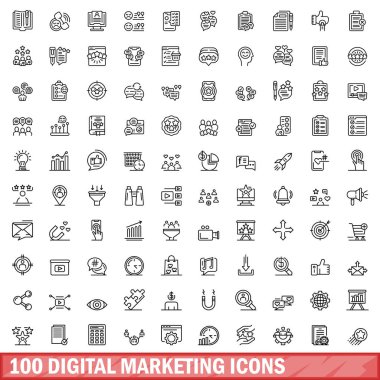 100 digital marketing icons set. Outline illustration of 100 digital marketing icons vector set isolated on white background