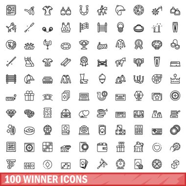 100 kazanan simgesi belirlendi. Beyaz arkaplanda izole edilmiş 100 kazanan simge vektörünün taslak çizimi