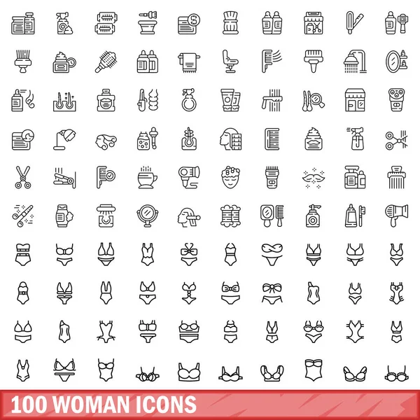 100 kadın ikonu hazır. Beyaz arkaplanda izole edilmiş 100 kadın simge vektörünün taslağı